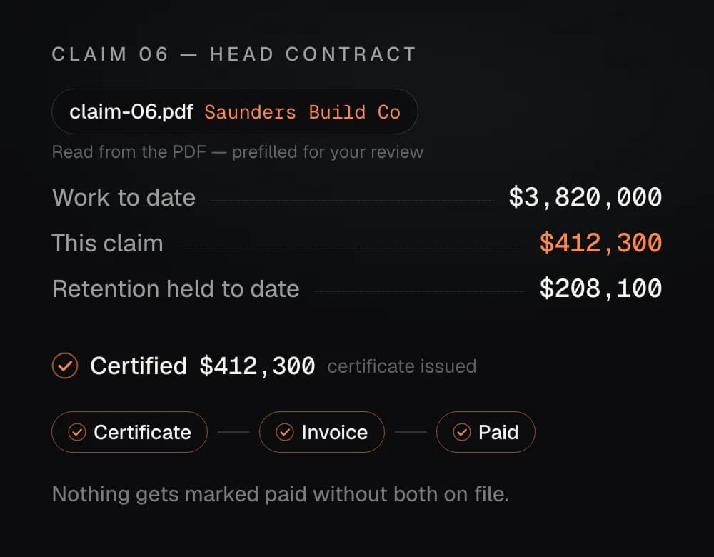 A progress claim read from its PDF, certified, and held to certificate-then-invoice-then-paid