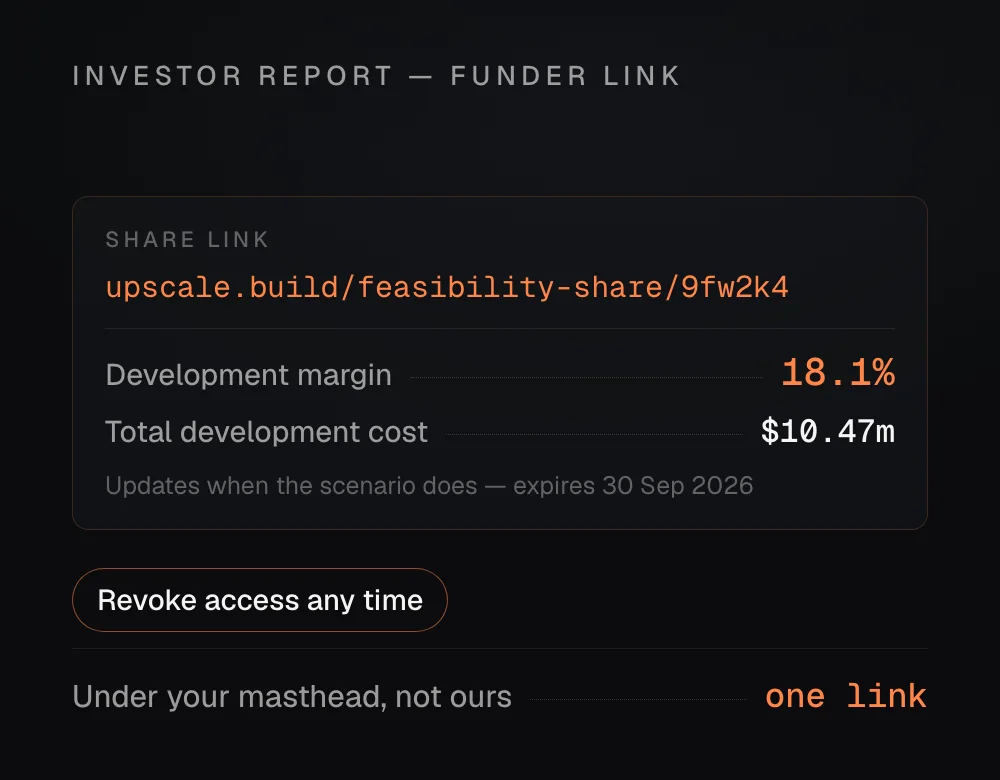 Three superseded feasibility attachments replaced by one revocable live share link showing the current margin