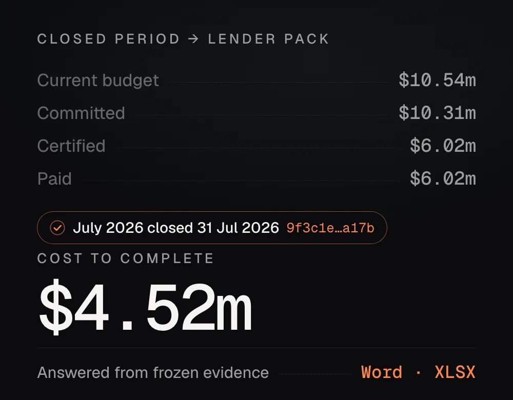 A cost to complete of $4.52m drawn from a closed, hash-pinned July period